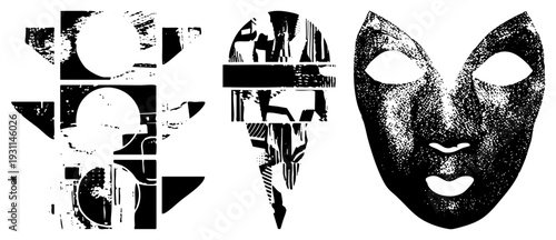 Fragmented mask silhouettes rendered in halftone, abstract geometric, stylized facial forms, graphic design elements, vector art, isolated symbols.