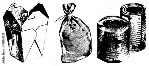 Vintage halftone illustration of food packaging and metal cans, distressed textures, graphic design elements, retro food delivery containers, urban waste.
