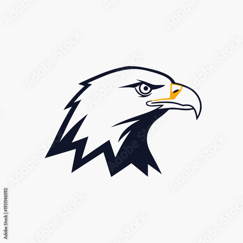 Stylized head of an eagle in profile with dark blue, white, and gold colors