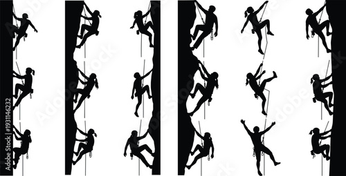 Rock climbing silhouettes set featuring men and women ascending vertical cliffs with rope safety gear, extreme sport action collection isolated on white background