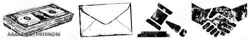 Financial symbols including cash pile, mail envelope, judge’s gavel, business handshake, grunge vector for finance, law, and agreements.