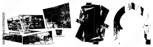 Broken geometric forms with grainy halftone textures, abstract composition, vector art, black and white, graphic design elements, fragmented planes, stylized abstraction.