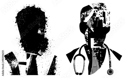 Businessman in suit and tie, doctor with stethoscope, abstract black silhouettes, halftone texture, corporate healthcare, graphic design, vector art.