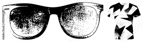 Vintage sunglasses with speckled lenses paired with abstract tee, urban streetwear, graphic apparel, fashion, halftone design, bold print, casual wear.