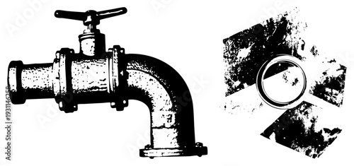 Black and white halftone vector graphic of pipe valve and gear, mechanical engineering, industrial design, vector illustration, isolated components, technical drawing.