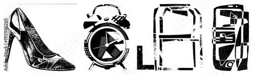 Retro halftone graphic high heeled shoe, analog alarm clock, refrigerator, smartphone. Classic vector art with textured and bold.