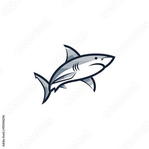 Stylized illustration of a gray shark swimming with a determined expression