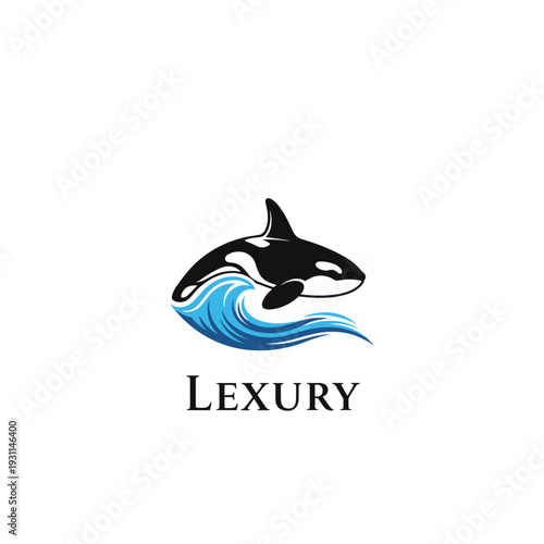 Stylized killer whale and blue ocean wave logo with Lexury text