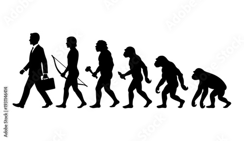 Human Evolution into Modern Businessman Silhouette, From Ape to Corporate Success Concept Vector 