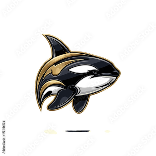 Stylized killer whale head illustration with gold accents on a white background
