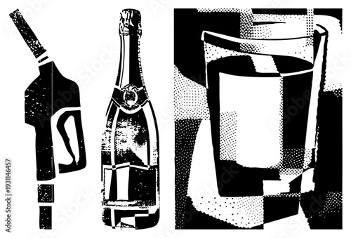 Retro gas nozzle, champagne bottle with foil, ice bucket with halftone shading, vector art, black and white, stylized still life, graphic design elements.