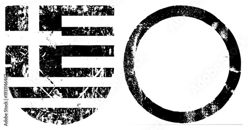 Distressed stencil style letter E and circular ring, graphic design elements, bold typography, gritty texture, vector art, isolated symbols, urban aesthetic, stencil art.