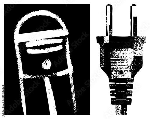 Retro electrical outlet and bulb socket graphic, halftone texture, black and white vector, isolated power components, stylized wiring elements.