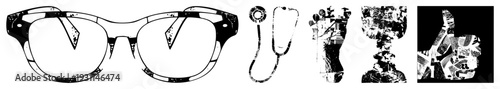 Bold black/white stylized stethoscope, glasses, gesture, trophy, thumbs up with distressed texture. For healthcare, achievement, approval themes.