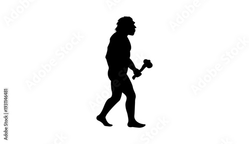 Primitive Caveman Silhouette Holding Stone Tool, Prehistoric Human Isolated on White Background Vector 