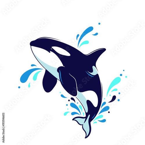 Stylized killer whale jumping with blue water splashes