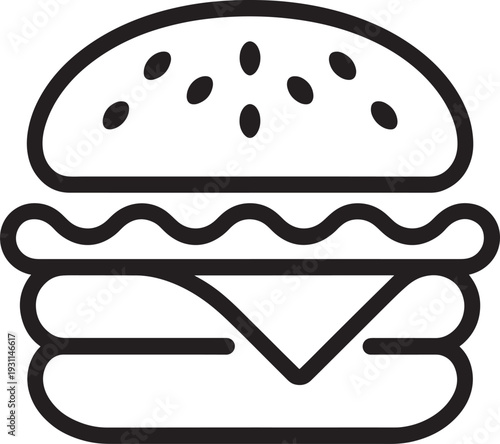 Simple black and white illustration of a cheeseburger with sesame seed bun isolated on transparent background