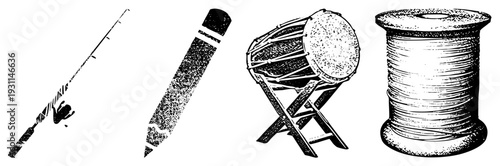 Classic fishing rod with reel, graphite pencil, standing drum, thread spool halftone vector for creative design, art, and craft projects.