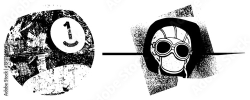 Aviator skull wearing goggles, retro aviation gear, flight helmet, number one emblem, graphic, stylized head.