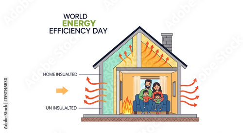 Illustration of a family in a house on World Energy Efficiency Day, comparing insulated and uninsulated homes with arrows indicating heat flow and energy conservation.