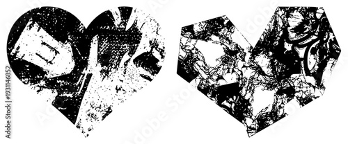 Two stylized heart forms rendered in halftone, featuring fragmented textures and gritty, abstract art, graphic design element, vector illustration.