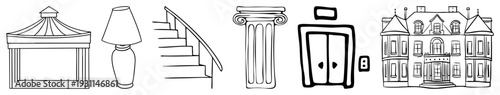 Set of minimalist architectural including gazebo, table lamp, staircase, Doric column, double door, Victorian mansion clean art for design projects.