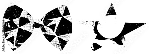 Fragmented black and white bow tie with halftone texture, abstract bird silhouette with sharp angles, vector art, graphic design elements, isolated shapes, modern minimalism.