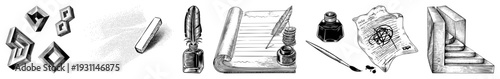 Classic fountain pens, quills, inkwells, parchment, and impossible geometric shapes rendered in black and white vector art, ideal for retro design projects.