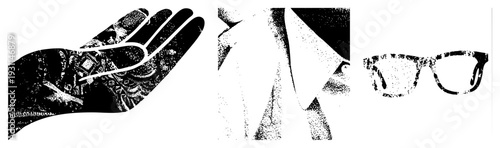 Graphic hand with ornate design, formal collar, vintage eyewear, halftone texture, vector art, fashion accessory, stylized illustration.