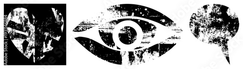 Grungy vector symbols broken heart, all seeing eye, speech bubble., textured, abstract, symbolic, stylized graphic elements. Ideal for UI, branding, or artistic design.