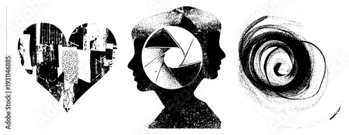 Three stylized black silhouettes heart filled with cityscape, human head with camera aperture, swirling vortex. Vector halftone art, conceptual,, graphic design elements.