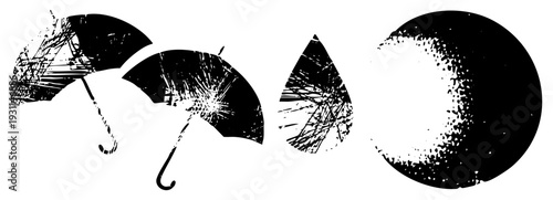 Graphic of shattered umbrellas and raindrops with splintered textures, vector design, weather elements, abstract rain motifs, distressed aesthetic.