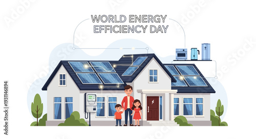 Illustration of a family standing in front of a house with solar panels on the roof, celebrating World Energy Efficiency Day with a green and ecofriendly environment.