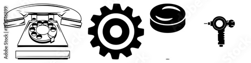 Classic rotary telephone, mechanical gear, circular disc, socket wrench retro tech symbols, isolated vector, industrial communication tools.