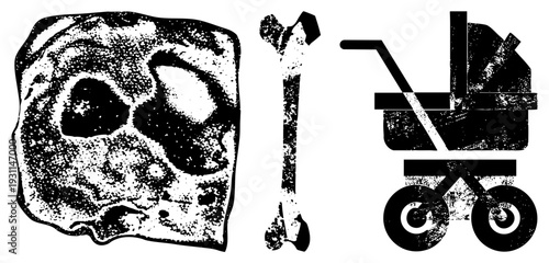 Black and white halftone illustrations of ancient skull, femur bone, and baby stroller. Vintage graphic style with dot texture. Medical, archaeological, parenting symbols.