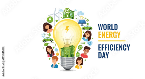 Illustration of World Energy Efficiency Day with a lightbulb surrounded by people and eco-friendly icons on a green background.