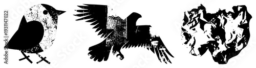 Graphic illustrations of birds in silhouette, textured with grunge, isolated vector cutouts, artistic bird designs, bird art.