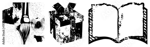 Art brush with bristles, gift box with ribbon, open book with pages vector, stylized graphic elements, creative symbols, isolated design assets.