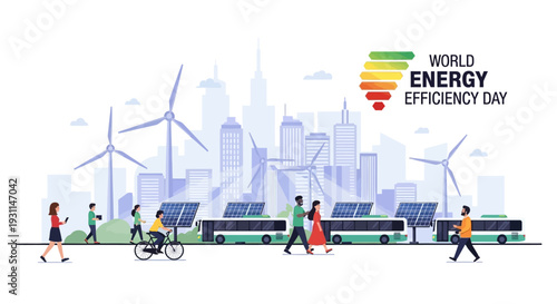 Illustration of people walking, biking, and using public transport on World Energy Efficiency Day with a cityscape and renewable energy sources in the background, promoting sustainability