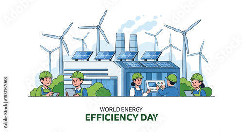 Illustration of workers near a blue industrial building with wind turbines on World Energy Efficiency Day, promoting sustainability and ecofriendly technology.