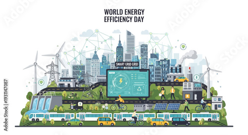 Illustration of a cityscape with wind turbines and solar panels on World Energy Efficiency Day, promoting sustainability and renewable energy sources with a green and ecofriendly theme.