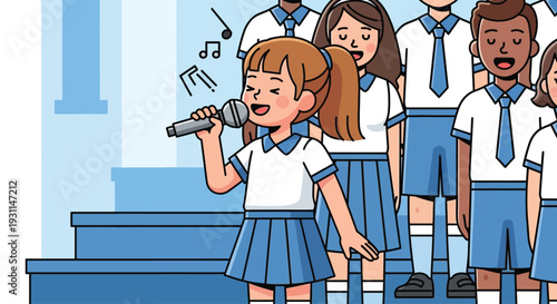 Young Girl Singing into Microphone with Choir.