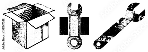 Isolated vector tools and packaging open shipping box, fixed wrench, adjustable wrench, halftone shading, technical illustration, mechanical symbols, repair kit elements.