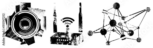 Vector graphic depicting camera lens, Wi Fi router, and network nodes with halftone textures, digital connectivity, tech communication, isolated tech symbols.