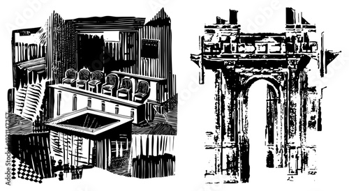 Classic theater interior with wooden stage, seating, and decorative arch, rendered in halftone woodcut style, ideal for historical drama or stage design.