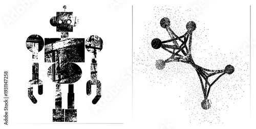 Abstract vector robot with halftone texture, molecular structure design, sci fi tech art, isolated digital illustration, geometric shapes, dystopian aesthetic, tech.
