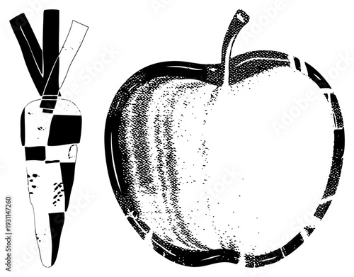 Graphic representation of carrot and using halftone shading, stylized produce, vector art, black and white, food illustration, isolated fruits, dietary.