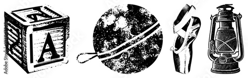 Wooden alphabet block with letter A, textured moon surface, ballet slipper, classic oil lamp classic vector. Alphabet block, lunar crater, dance footwear, antique lantern.