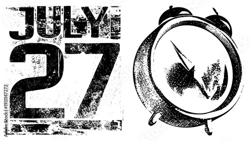Retro alarm clock with analog hands, distressed typography "JULY 27", halftone texture, vector, timestamp graphic, layout element.