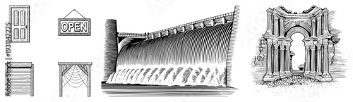 Classic architectural elements wooden door, open sign, dam cascade, ruin archway, engraved art, black and white illustration, isolated design elements.